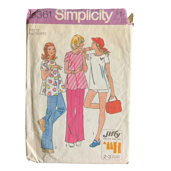 Vintage 1970's Size 12 Maternity Pants Shorts and Top Simplicity Sewing Pattern 6361 Bust 34 Hip 36
