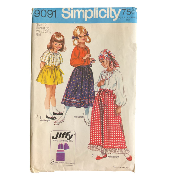 Vintage 1970s Girls Back Wrap Skirt in Three Lengths Blouse Simplicity Sewing Pattern 9091 Size 12
