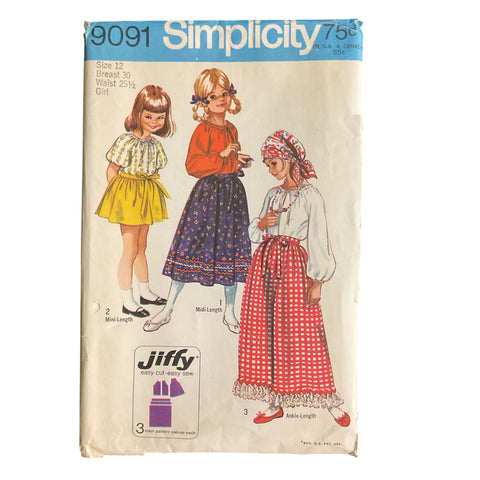 Vintage 1970s Girls Back Wrap Skirt in Three Lengths Blouse Simplicity Sewing Pattern 9091 Size 12