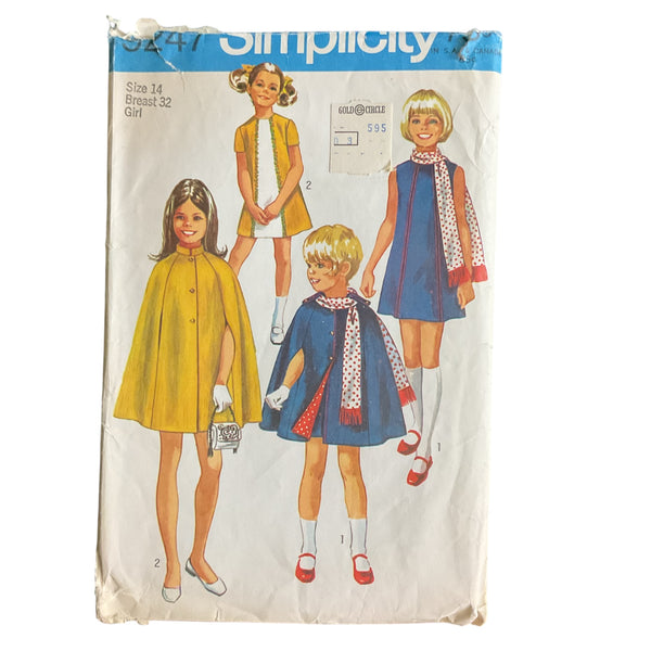 Vintage 1970s Girls Dress Cape and Scarf Simplicity Sewing Pattern 9247 Size 14 Bust 32 Hip 34
