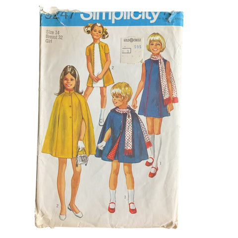 Vintage 1970s Girls Dress Cape and Scarf Simplicity Sewing Pattern 9247 Size 14 Bust 32 Hip 34