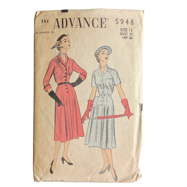 Vintage 1950s Belted Womens Knee Length Dress Advance Sewing Pattern 5948 Bust 30 Hip 33 Waist 25