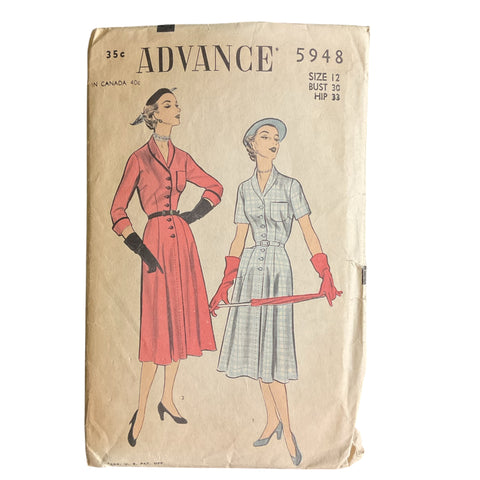 Vintage 1950s Belted Womens Knee Length Dress Advance Sewing Pattern 5948 Bust 30 Hip 33 Waist 25