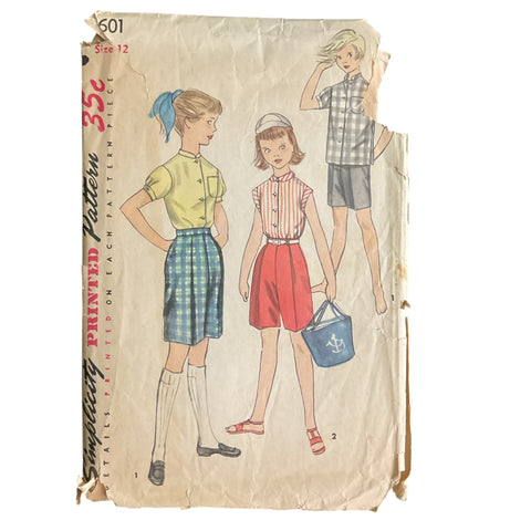 Vintage 1950s Girls Bermuda Shorts Pattern Short Sleeve Shirt Simplicity Sewing Pattern 1601 - Avid Vintage