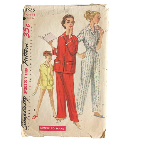 Vintage 1950s Teen Girls Simplicity Sewing Pattern 1325 Pajama Pants Shorts Bust 32 Hip 35 - Avid Vintage