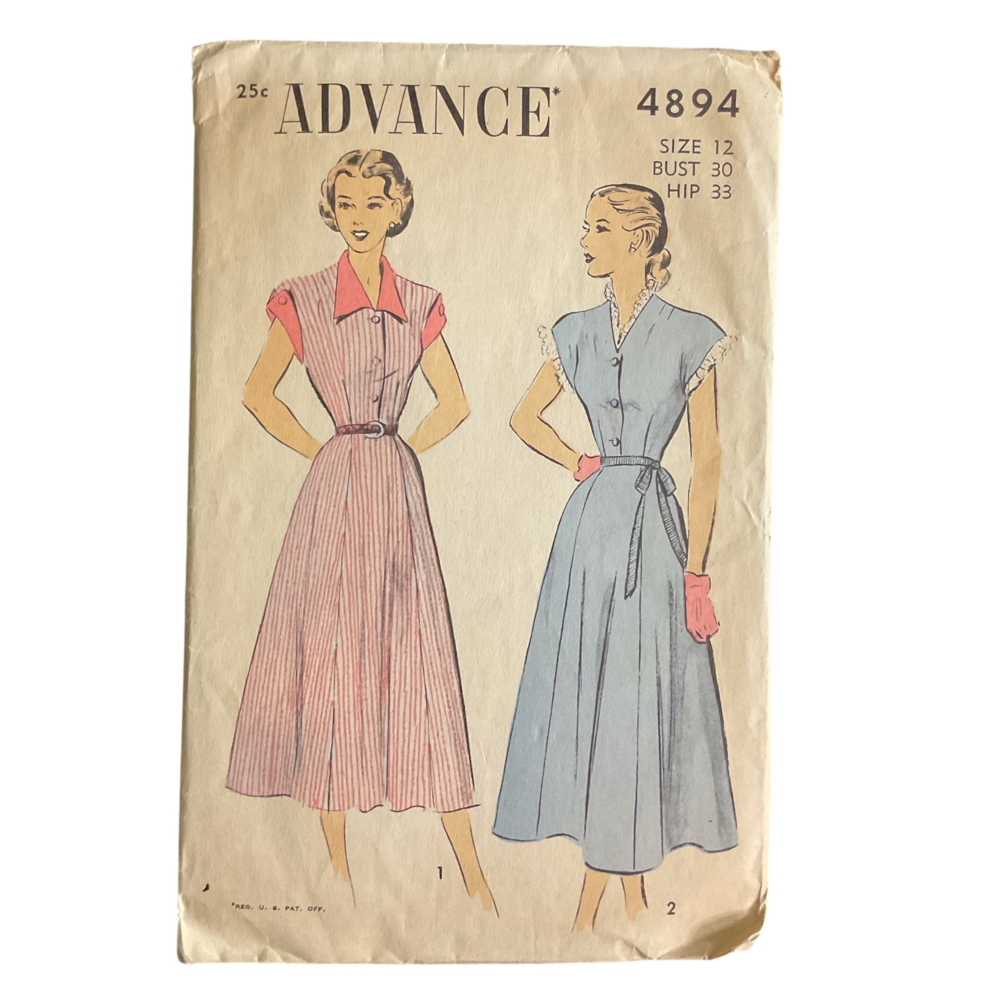 Vintage 1940s Advance Knee Length Dress Pattern 4894 Bust 30 Hip 33