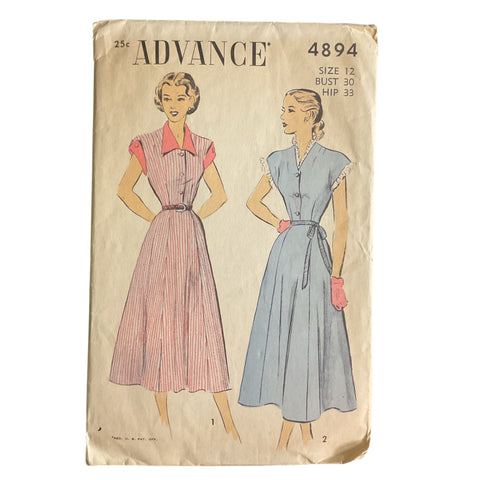 Vintage 1940s Advance Knee Length Dress Pattern 4894 Bust 30 Hip 33 - Avid Vintage