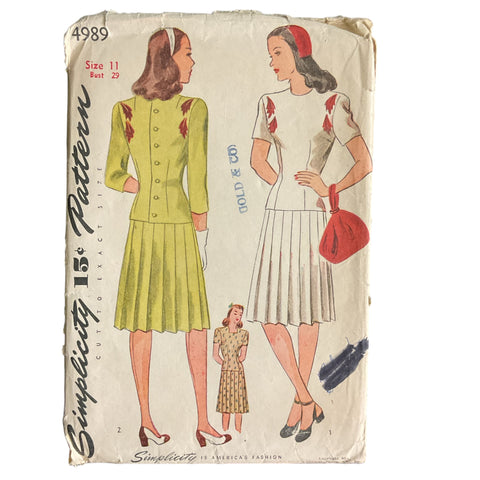Vintage 1940s Pleated Teen Skirt Simplicity Sewing Pattern 4989 Bust 29 Hip 32 - Avid Vintage