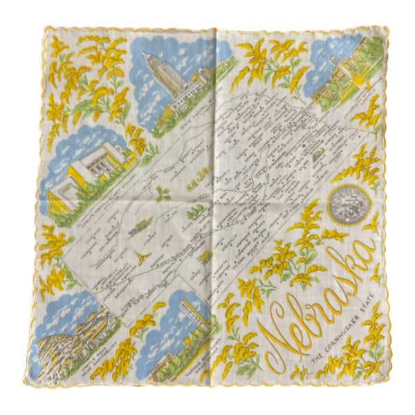Vintage Nebraska State Hankie Souvenir Map Handkerchief