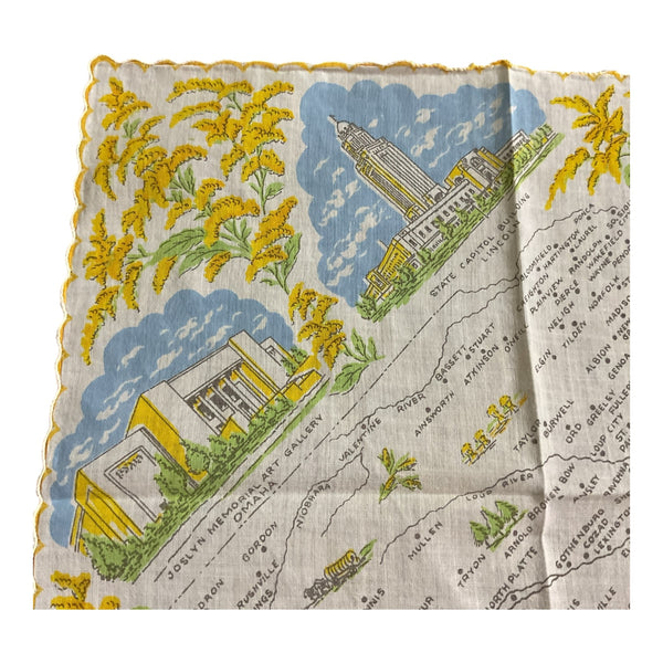 Vintage Nebraska State Hankie Souvenir Map Handkerchief