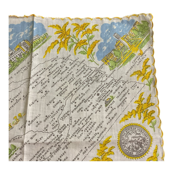Vintage Nebraska State Hankie Souvenir Map Handkerchief