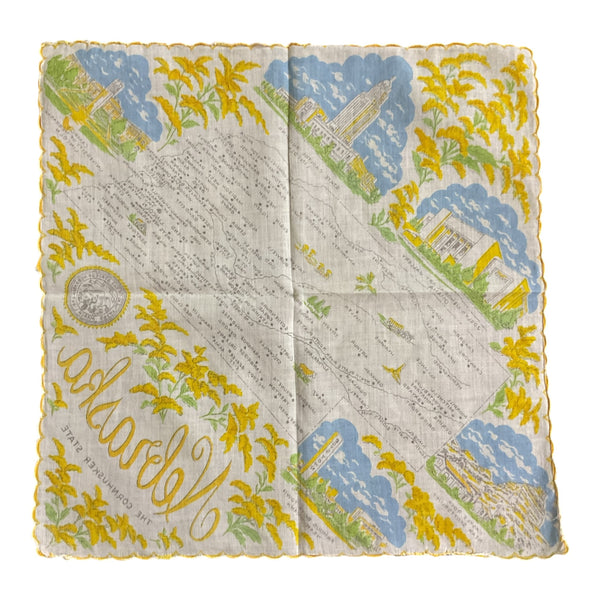 Vintage Nebraska State Hankie Souvenir Map Handkerchief