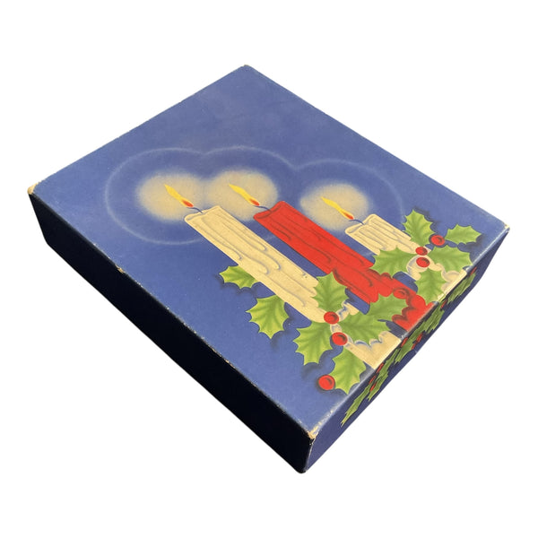 Vintage Christmas Card Box Lit Candles Red Blue White