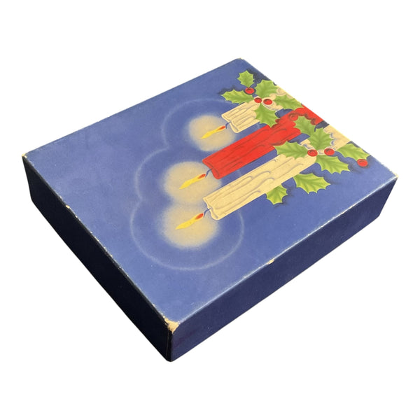 Vintage Christmas Card Box Lit Candles Red Blue White