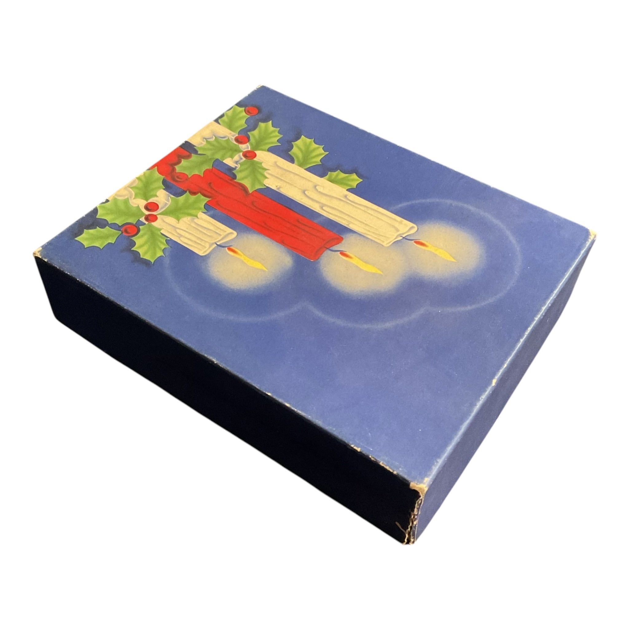 Vintage Christmas Card Box Lit Candles Red Blue White