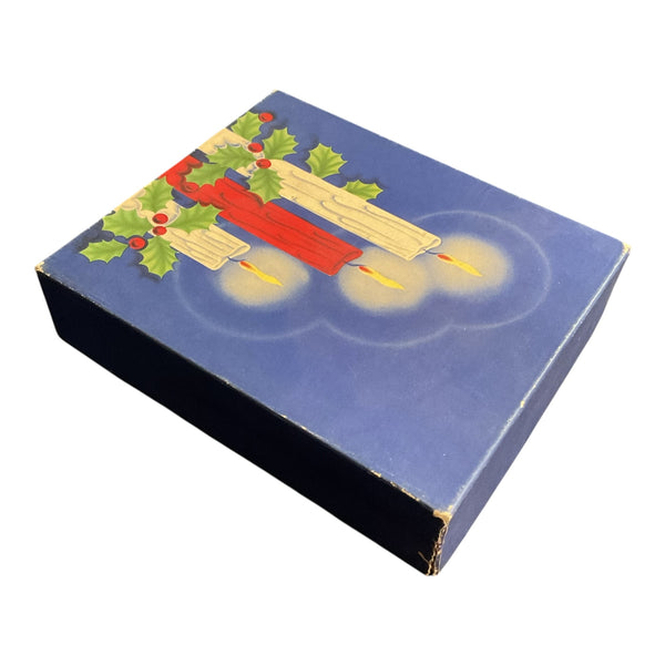 Vintage Christmas Card Box Lit Candles Red Blue White