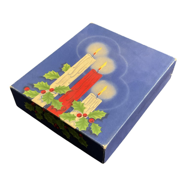 Vintage Christmas Card Box Lit Candles Red Blue White