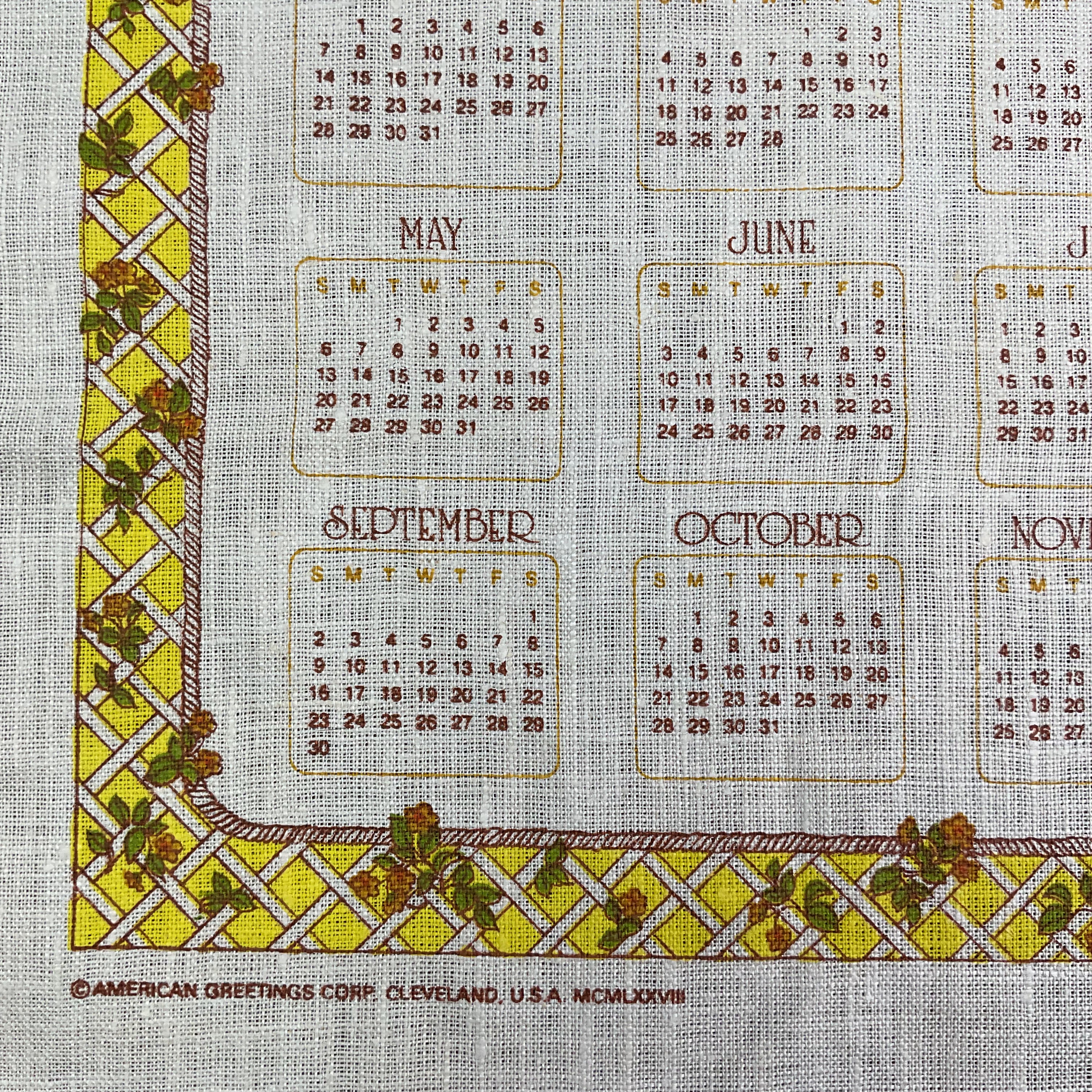 Vintage 1979 Holly Hobbie Kitchen Calendar Tea Towel Linen