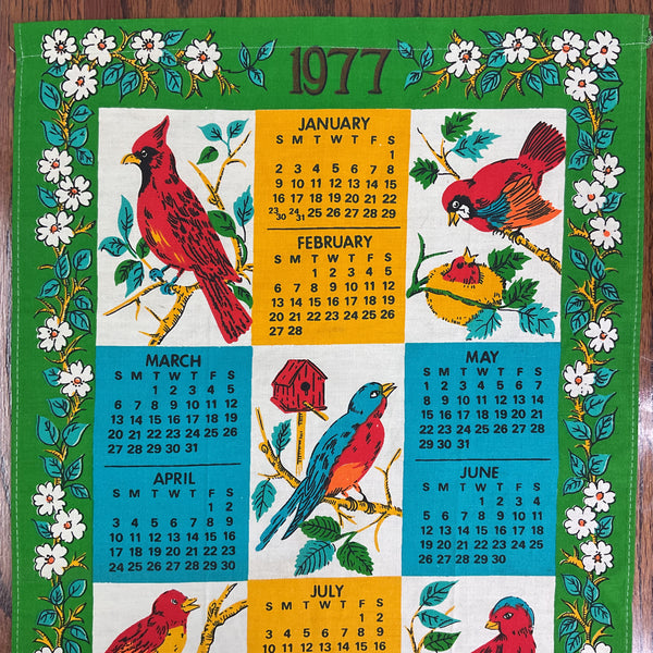 Vintage 1977 Birds Cardinal Kitchen Calendar Tea Towel Linen
