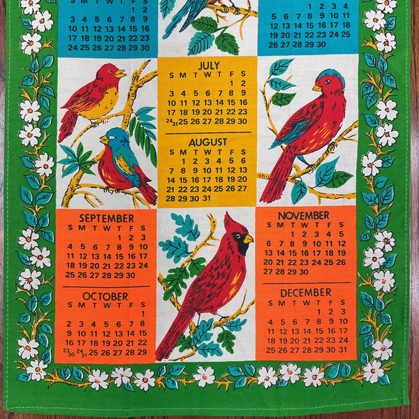 Vintage 1977 Birds Cardinal Kitchen Calendar Tea Towel Linen