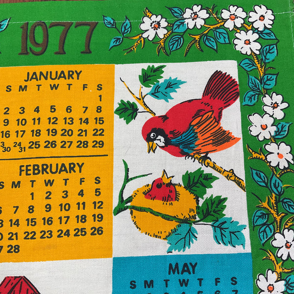 Vintage 1977 Birds Cardinal Kitchen Calendar Tea Towel Linen