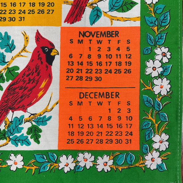 Vintage 1977 Birds Cardinal Kitchen Calendar Tea Towel Linen