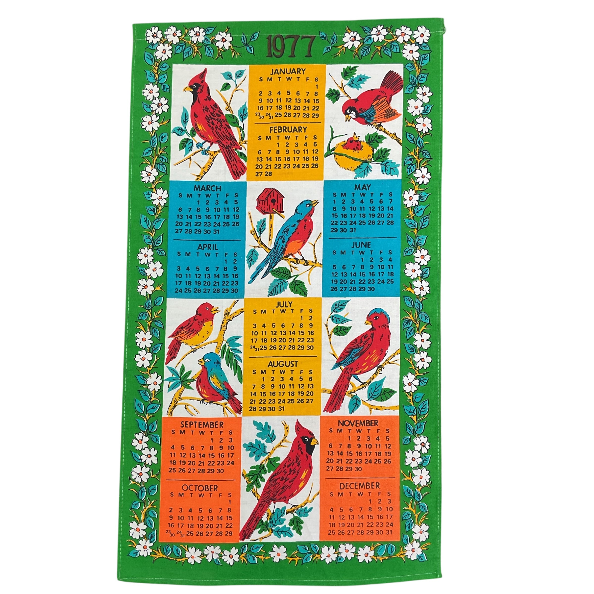 Vintage 1977 Birds Cardinal Kitchen Calendar Tea Towel Linen