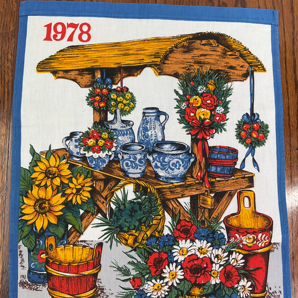 Vintage 1978 Wooden Garden Cart Kitchen Calendar Tea Towel Flowers