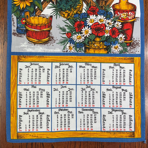 Vintage 1978 Wooden Garden Cart Kitchen Calendar Tea Towel Flowers