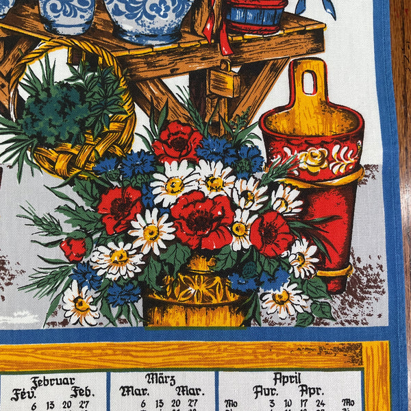 Vintage 1978 Wooden Garden Cart Kitchen Calendar Tea Towel Flowers