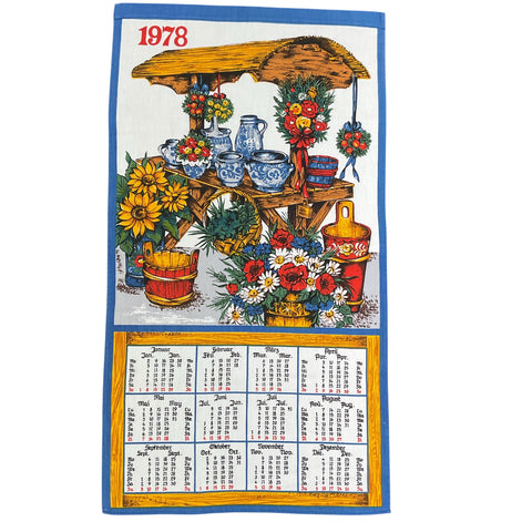 Vintage 1978 Wooden Garden Cart Kitchen Calendar Tea Towel Flowers