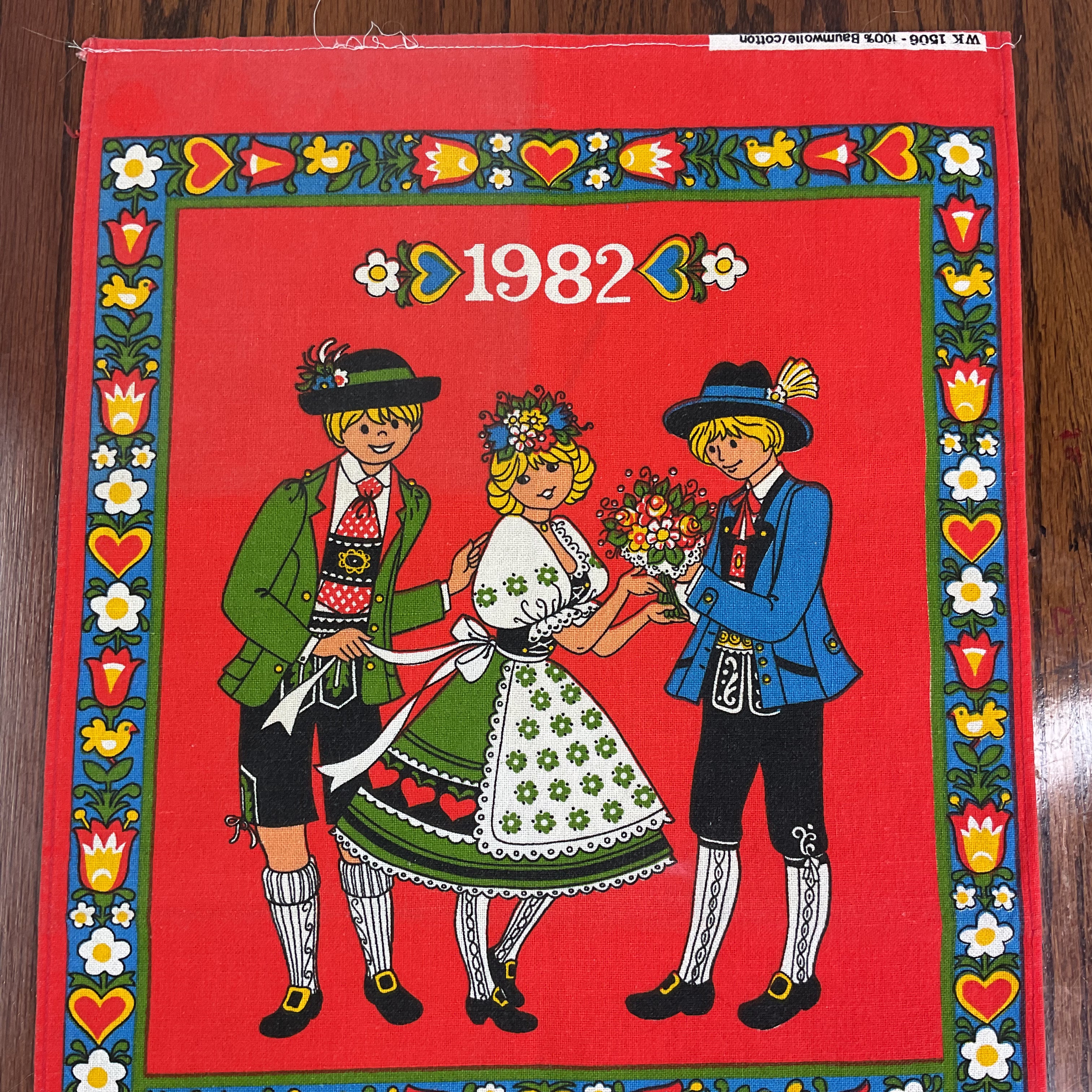 Vintage 1982 German Children Kitchen Calendar Tea Towel Folk Art