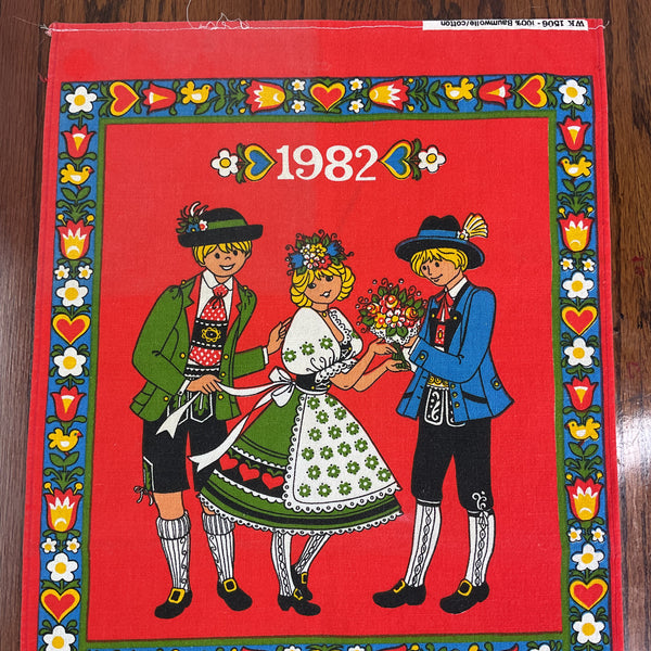 Vintage 1982 German Children Kitchen Calendar Tea Towel Folk Art