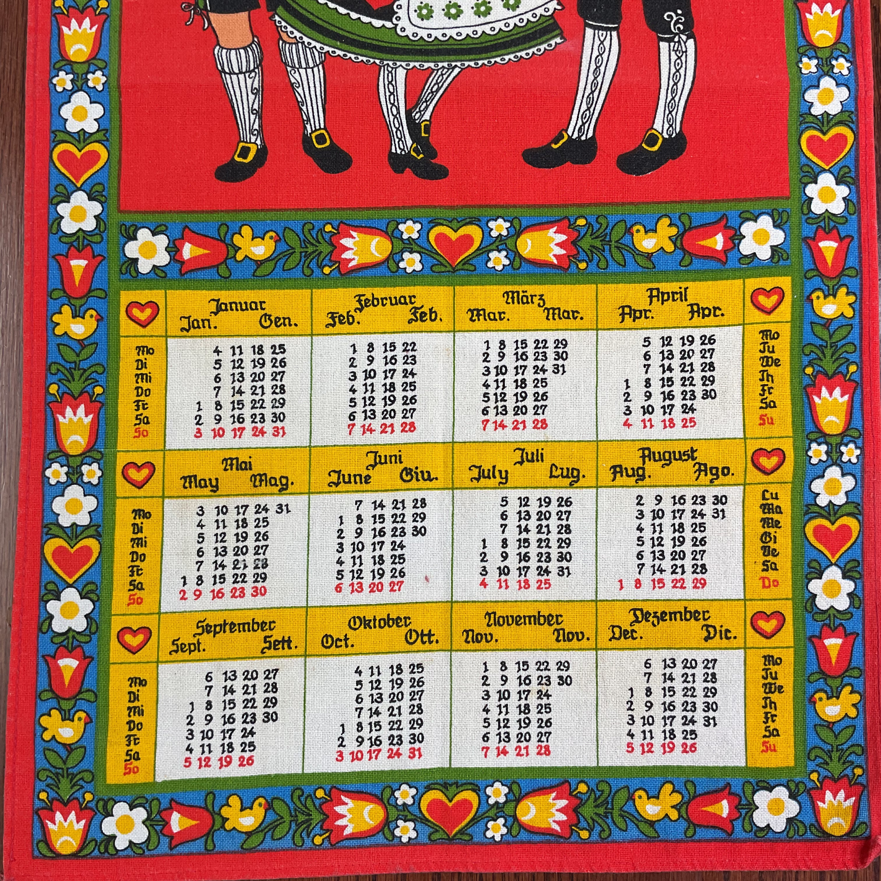 Vintage 1982 German Children Kitchen Calendar Tea Towel Folk Art