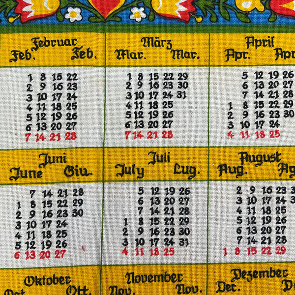 Vintage 1982 German Children Kitchen Calendar Tea Towel Folk Art