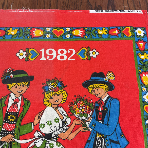 Vintage 1982 German Children Kitchen Calendar Tea Towel Folk Art
