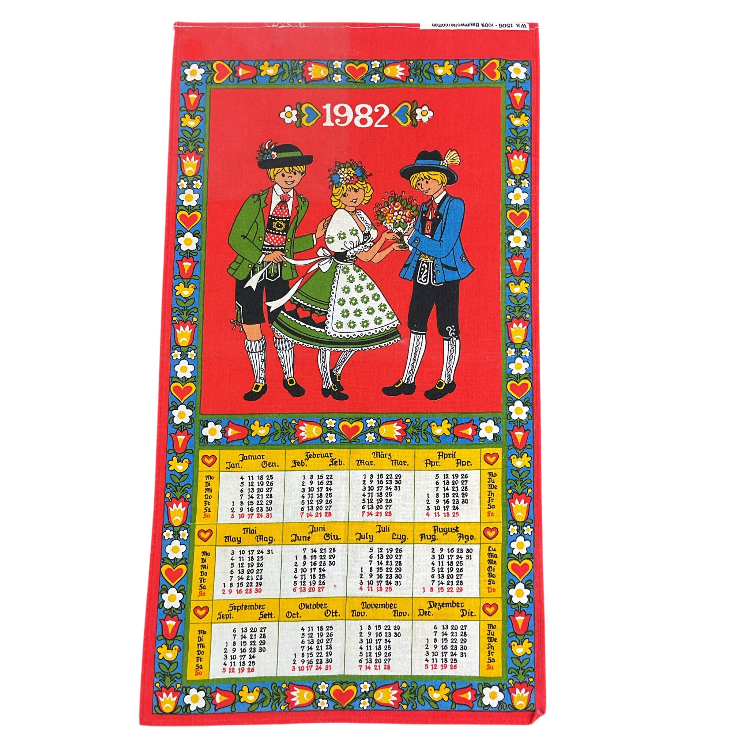 Vintage 1982 German Children Kitchen Calendar Tea Towel Folk Art