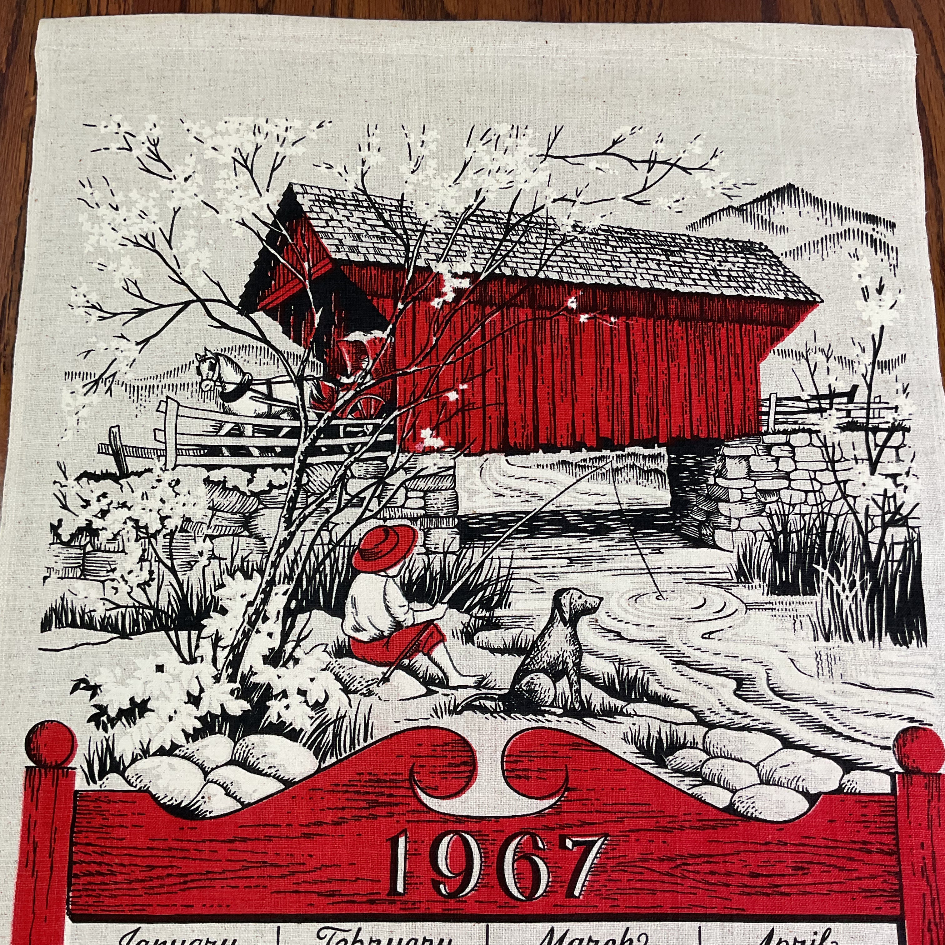Vintage 1967 Covered Bridge Kitchen Calendar Tea Towel Linen