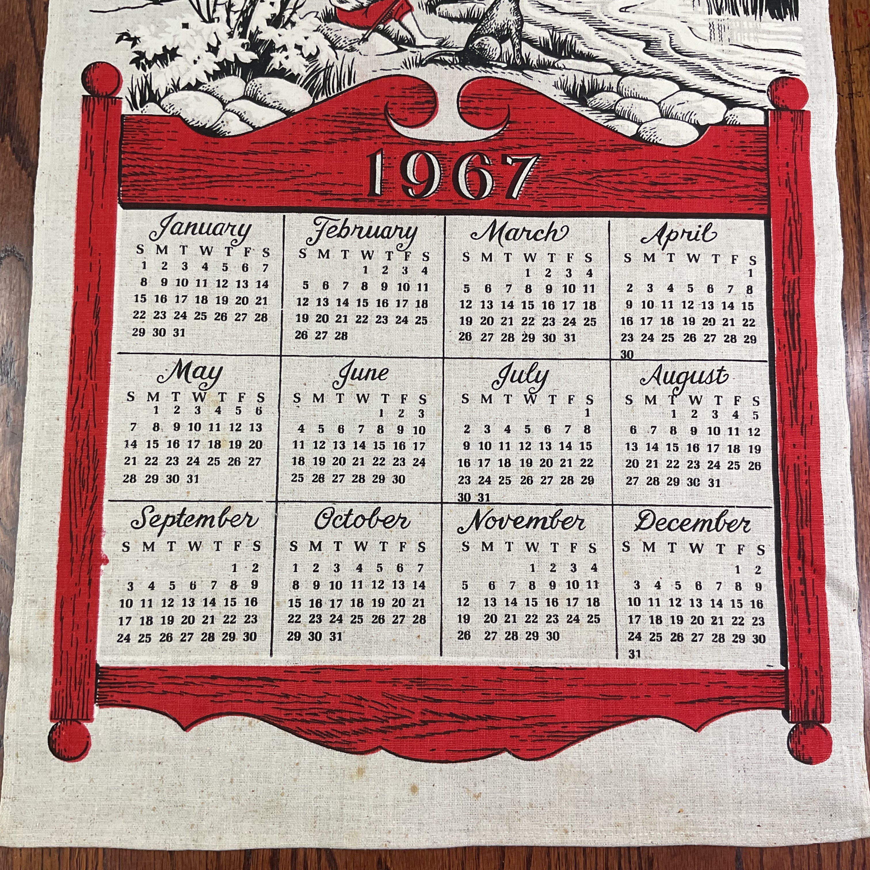 Vintage 1967 Covered Bridge Kitchen Calendar Tea Towel Linen