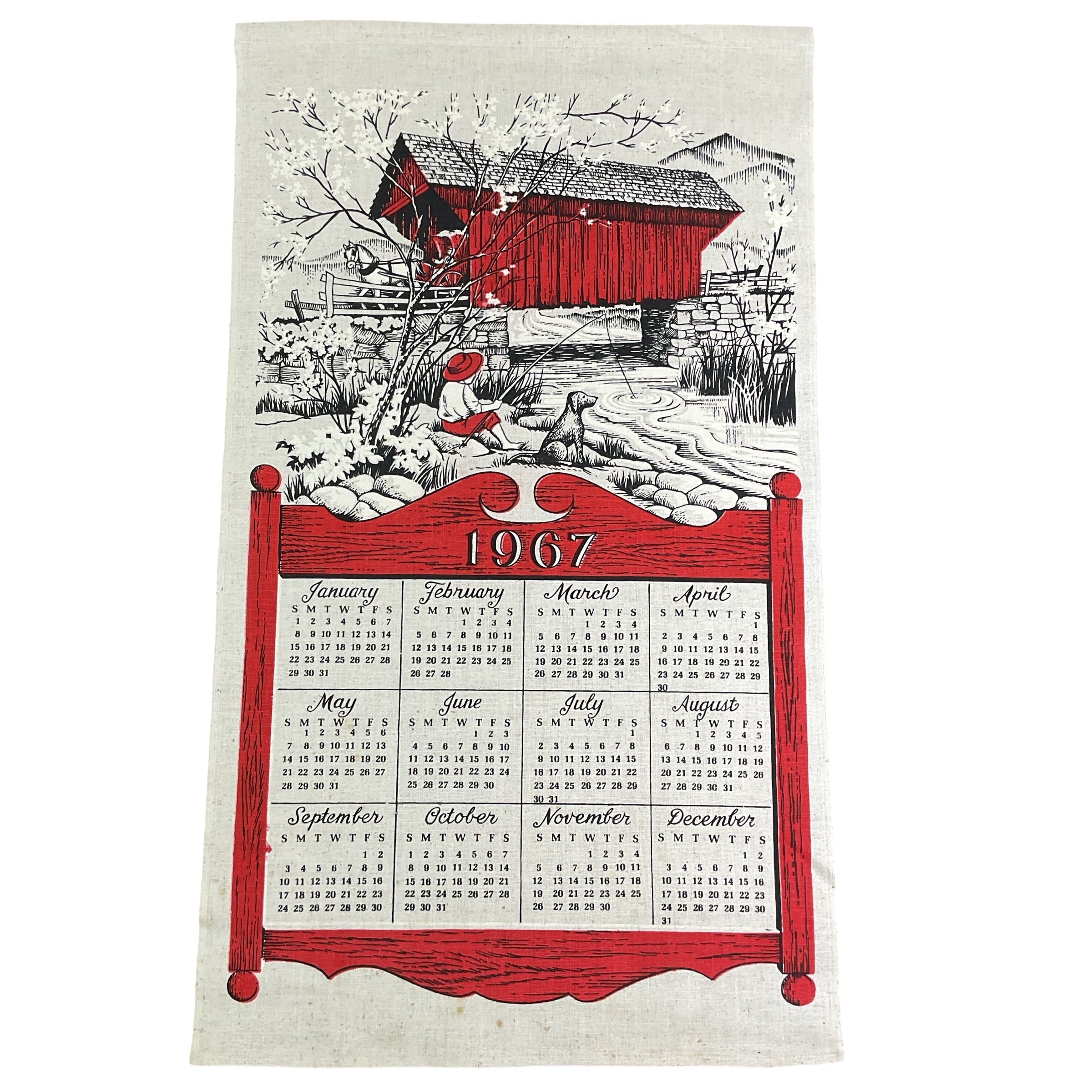 Vintage 1967 Covered Bridge Kitchen Calendar Tea Towel Linen