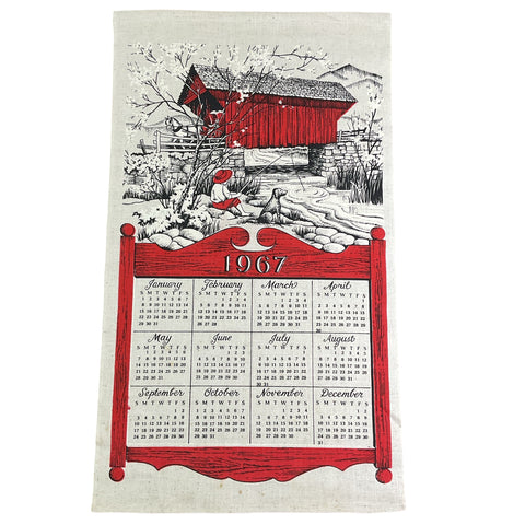 Vintage 1967 Covered Bridge Kitchen Calendar Tea Towel Linen