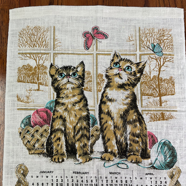 Vintage 1981 Kittens and Yarn Kitchen Calendar Tea Towel Linen