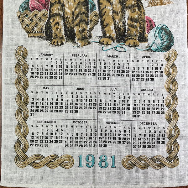 Vintage 1981 Kittens and Yarn Kitchen Calendar Tea Towel Linen