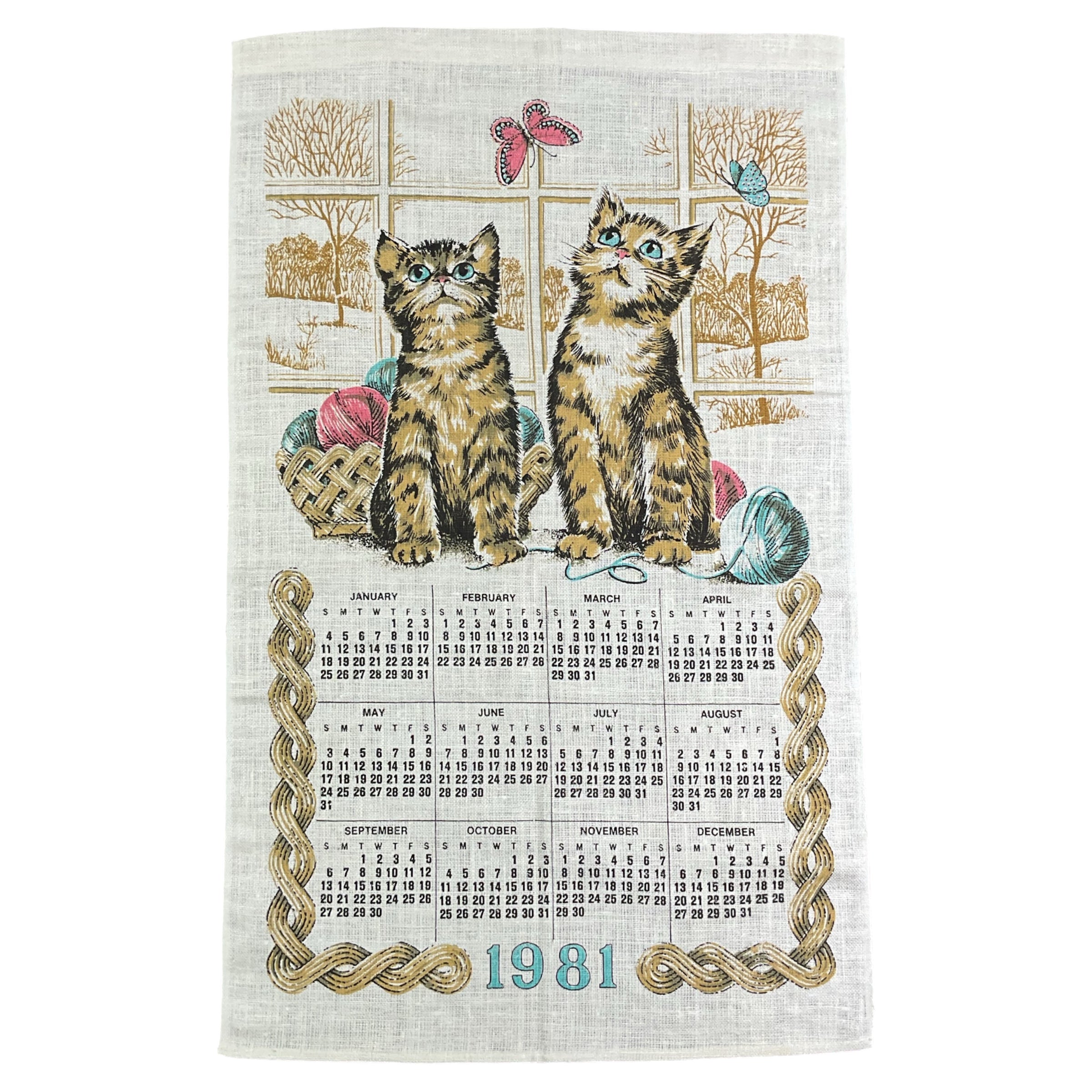 Vintage 1981 Kittens and Yarn Kitchen Calendar Tea Towel Linen