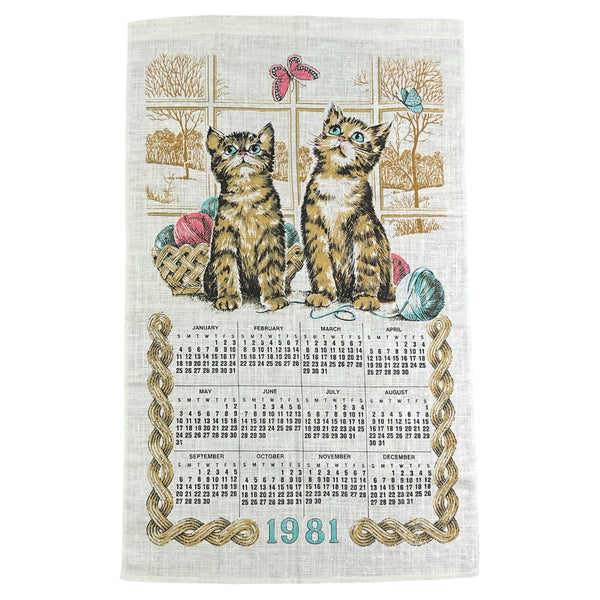 Vintage 1981 Kittens and Yarn Kitchen Calendar Tea Towel Linen