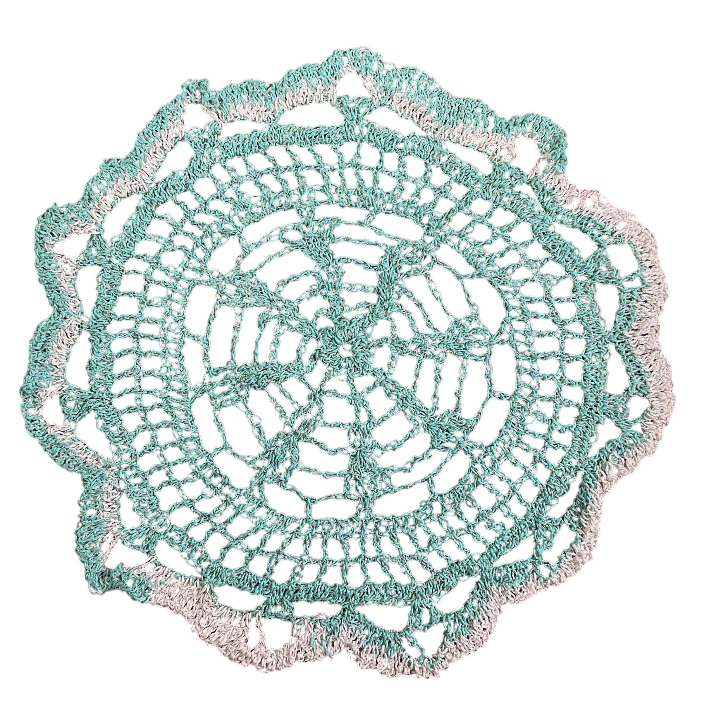 Vintage Hand Crochet Round Doily Off White Green and Gold Metallic