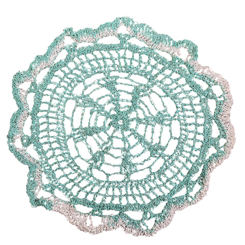 Vintage Hand Crochet Round Doily Off White Green and Gold Metallic