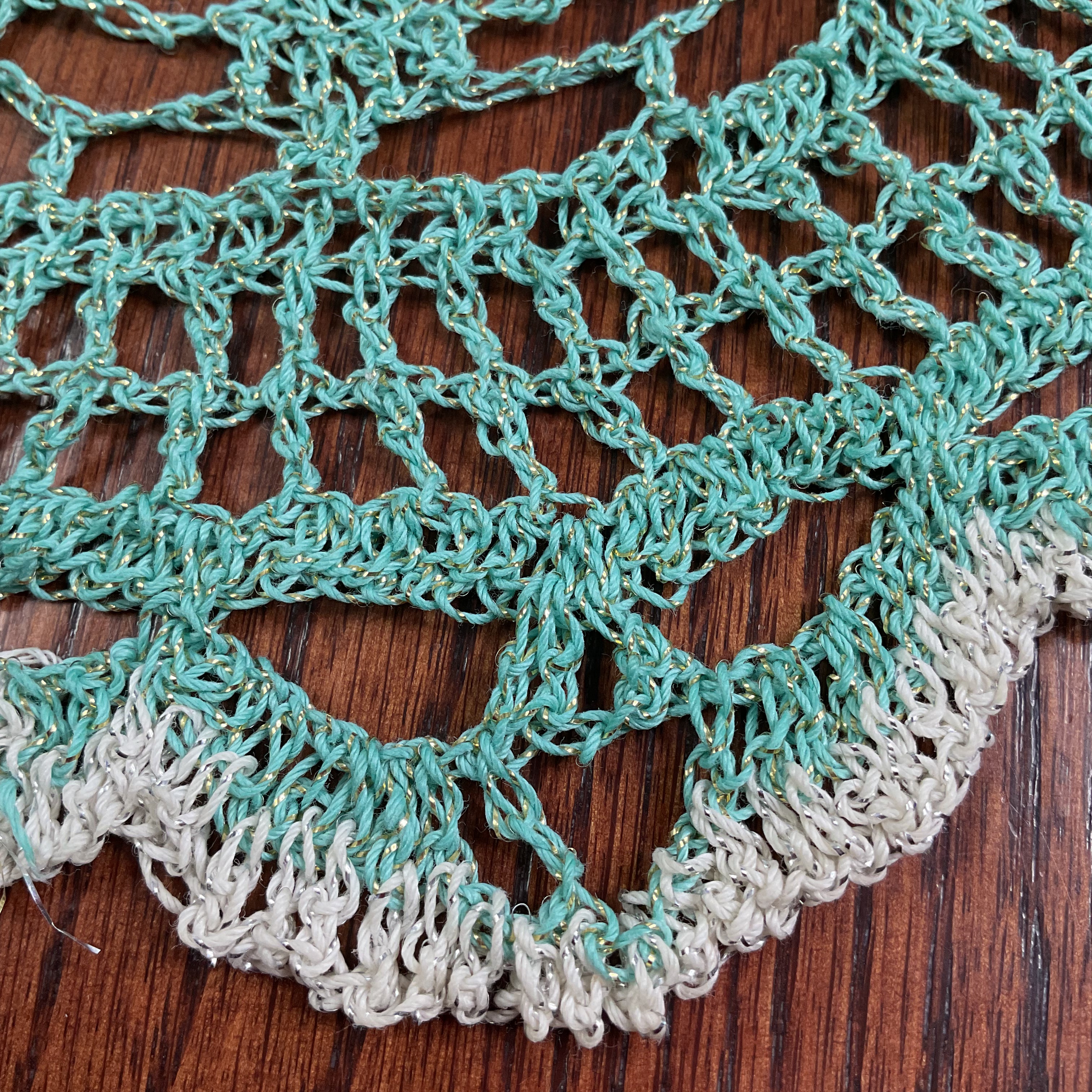 Vintage Hand Crochet Round Doily Off White Green and Gold Metallic