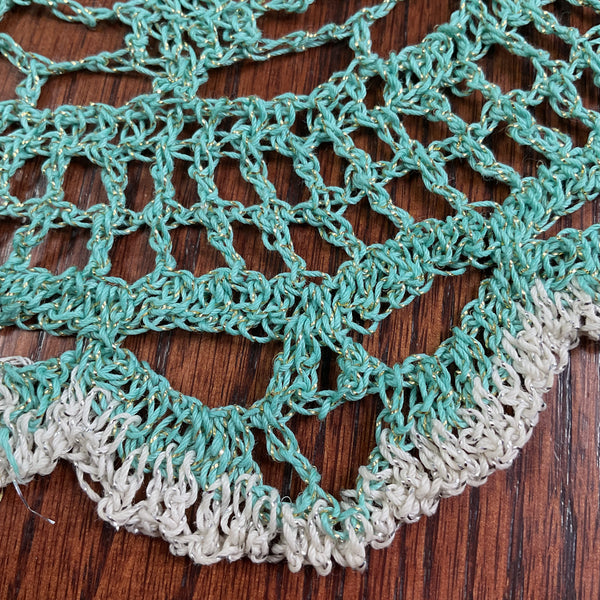 Vintage Hand Crochet Round Doily Off White Green and Gold Metallic