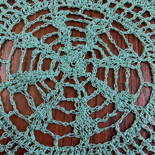 Vintage Hand Crochet Round Doily Off White Green and Gold Metallic